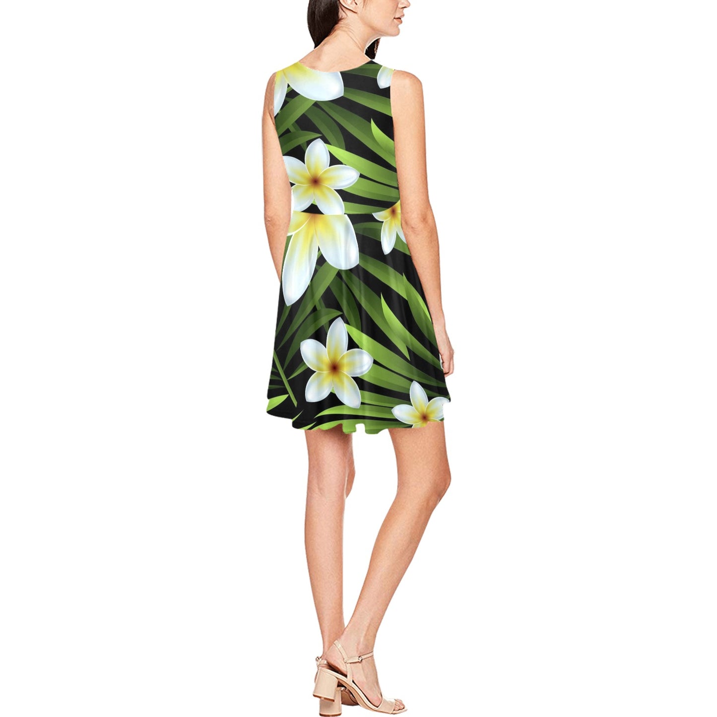 White Plumeria Pattern Print Design PM06 Sleeveless Dress