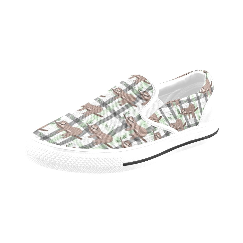 Sloth Print Design LKS301 White Slip Ons Canvas Women's Shoes