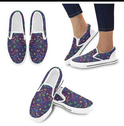 UFO Space Rocket Print Design LKS302 White Slip Ons Canvas Women's Shoes