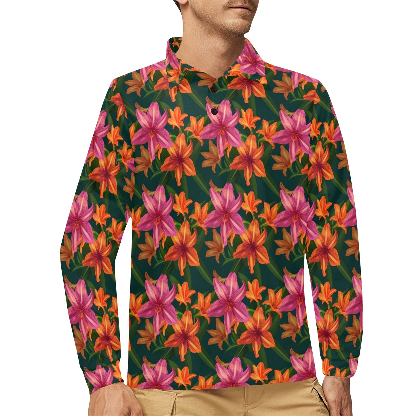 Amaryllis Pattern Print Design AL01 Long Sleeve Polo Shirt For Men's