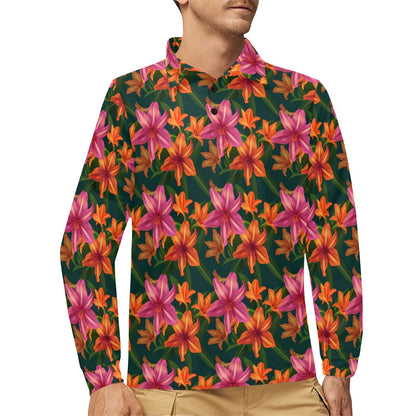 Amaryllis Pattern Print Design AL01 Long Sleeve Polo Shirt For Men's
