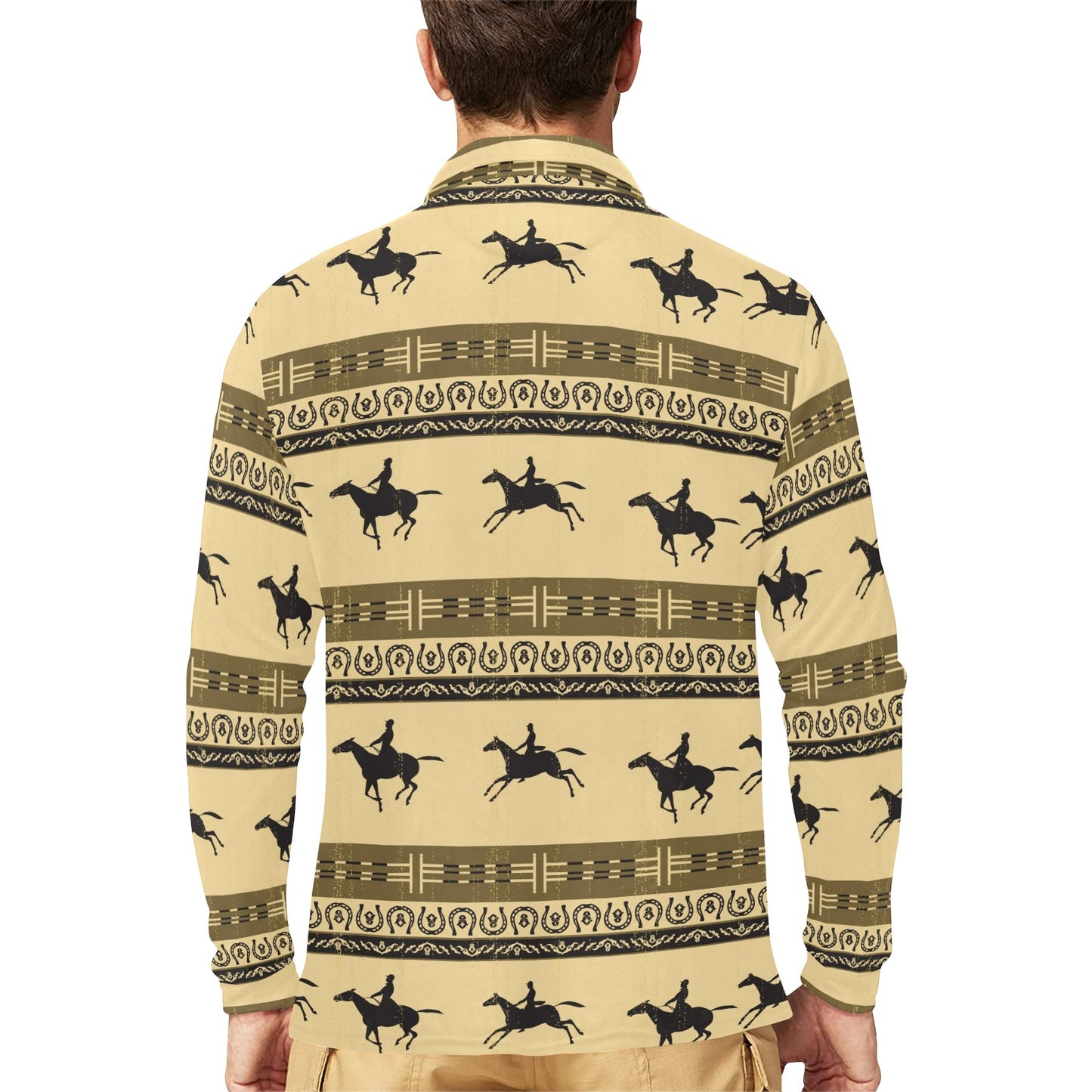 Horse Pattern Prnt Long Sleeve Polo Shirt For Men's