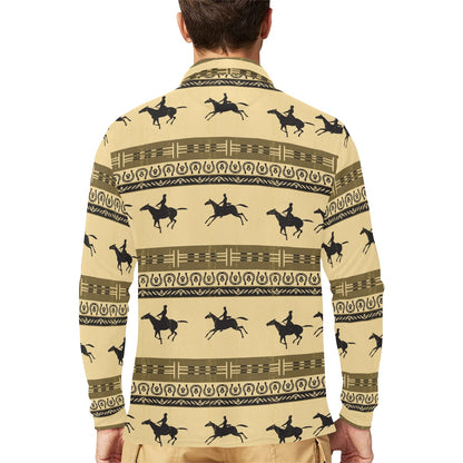 Horse Pattern Prnt Long Sleeve Polo Shirt For Men's