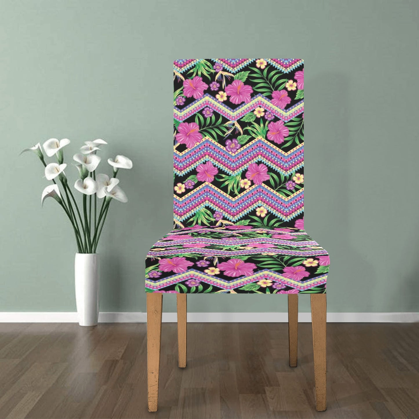 Hibiscus Pink Zigzag Line Pattern Design LKS307 Dining Chair Slipcover