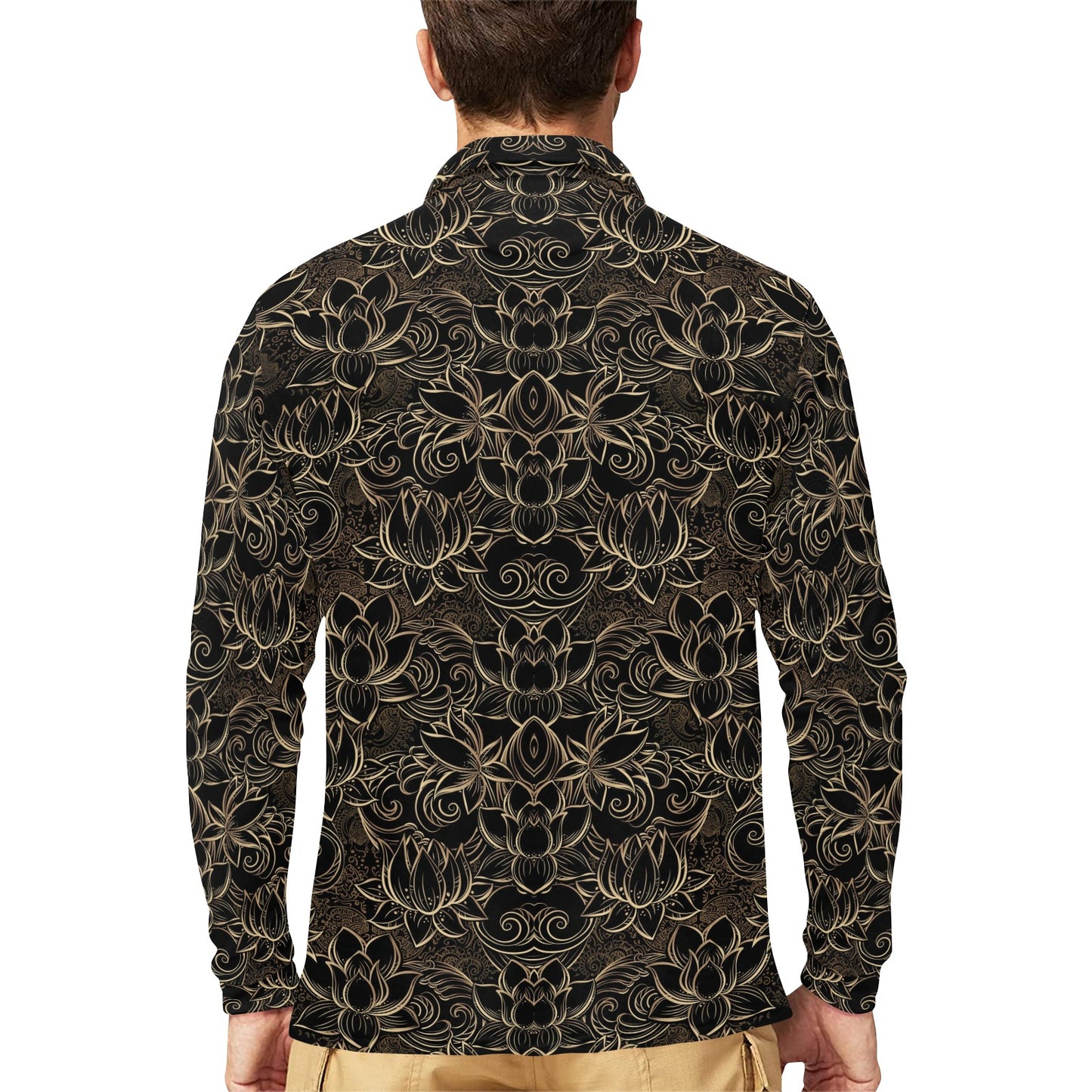Lotus Gold Mandala Design Themed Long Sleeve Polo Shirt For Men's