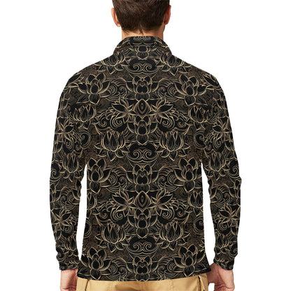 Lotus Gold Mandala Design Themed Long Sleeve Polo Shirt For Men's