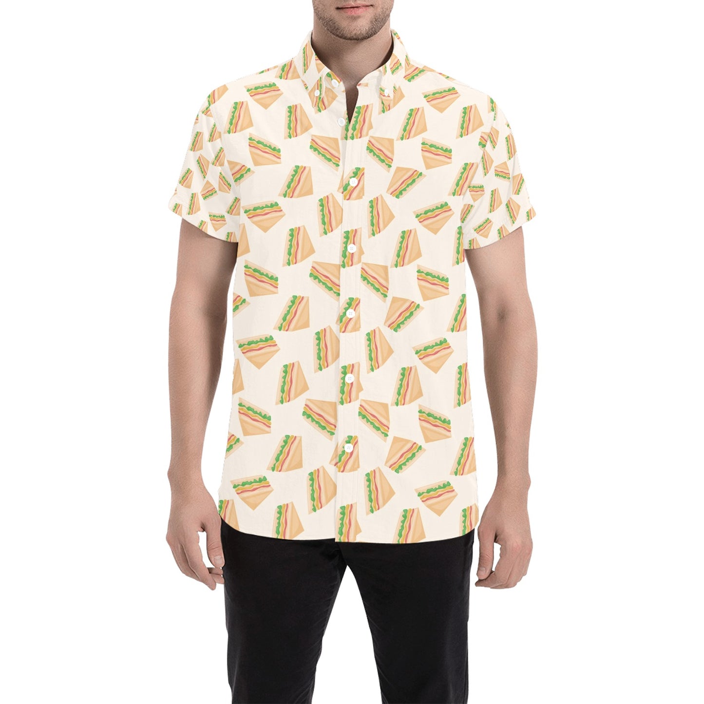 Sandwich Print Design LKS301 Men Short Sleeve Button Up Shirt