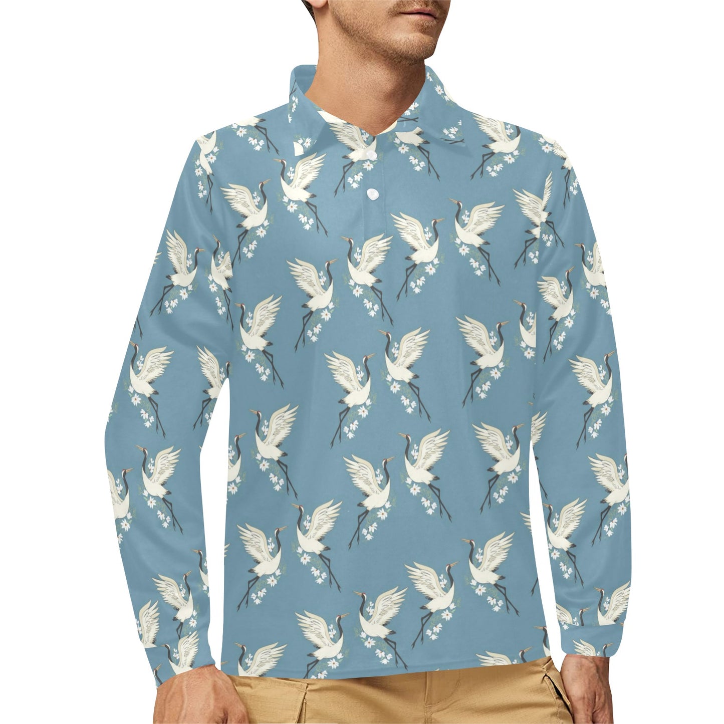Crane Pattern Print Design 05 Long Sleeve Polo Shirt For Men's