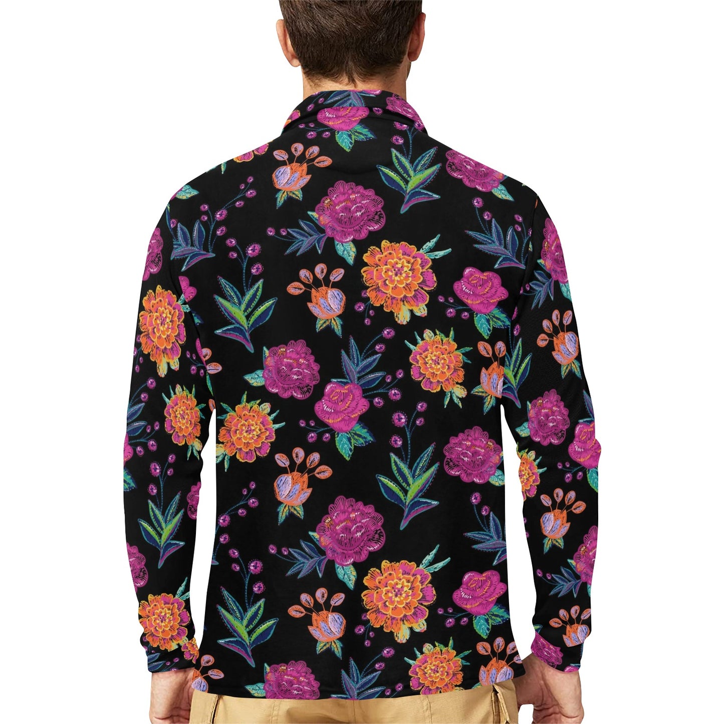 Marigold Pattern Print Design MR02 Long Sleeve Polo Shirt For Men's