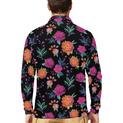 Marigold Pattern Print Design MR02 Long Sleeve Polo Shirt For Men's