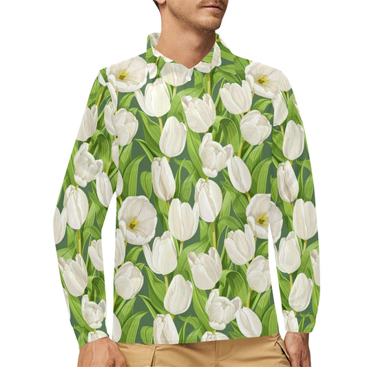 Tulip White Pattern Print Design TP05 Long Sleeve Polo Shirt For Men's