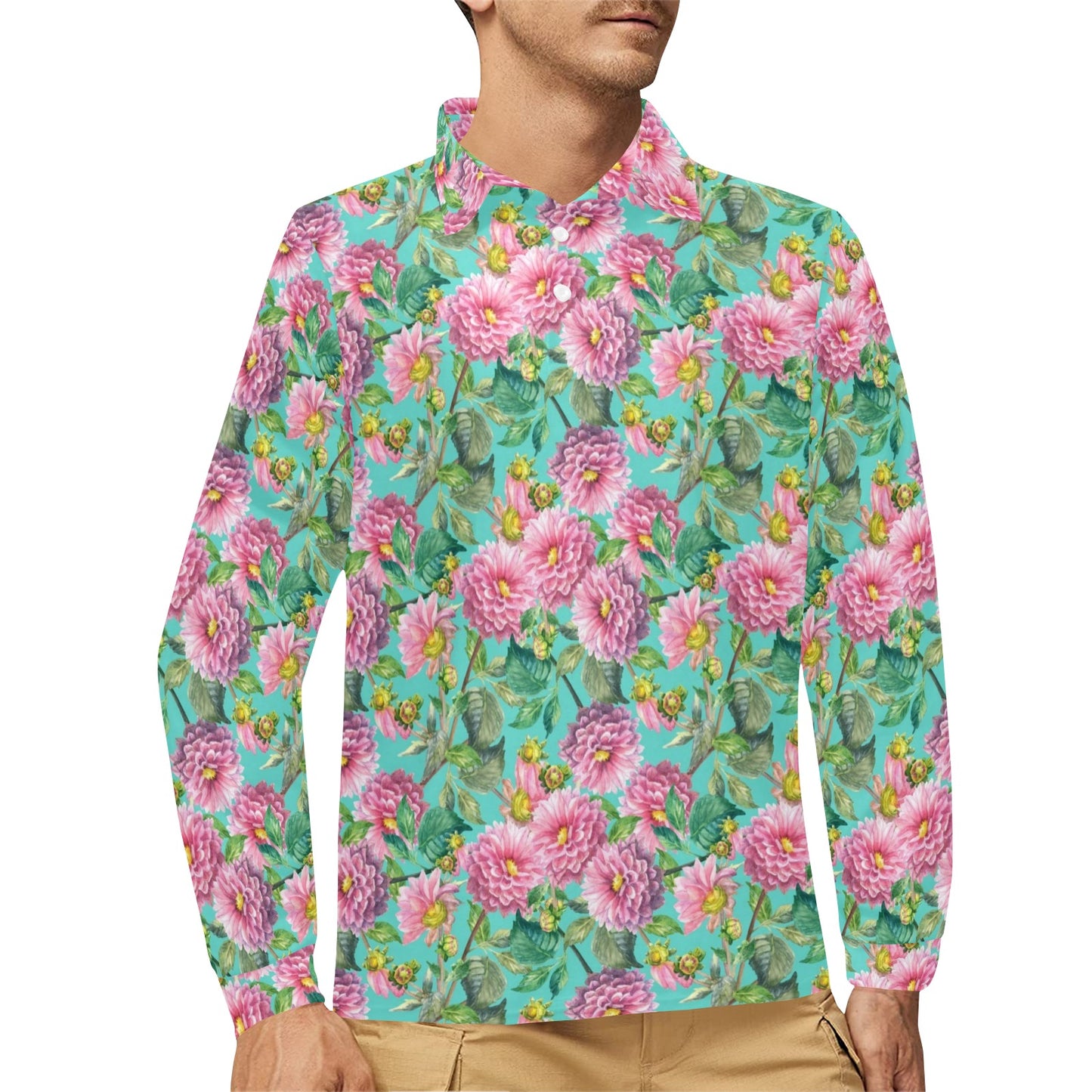 Dahlia Pattern Print Design DH07 Long Sleeve Polo Shirt For Men's