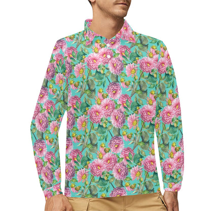 Dahlia Pattern Print Design DH07 Long Sleeve Polo Shirt For Men's