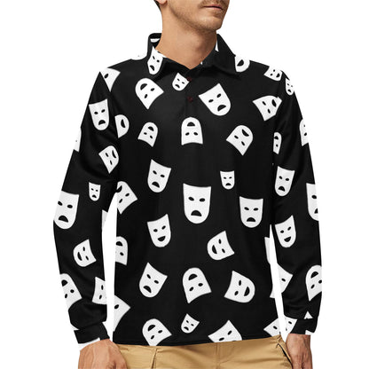 Acting Mask Pattern Print Design 03 Long Sleeve Polo Shirt For Men's