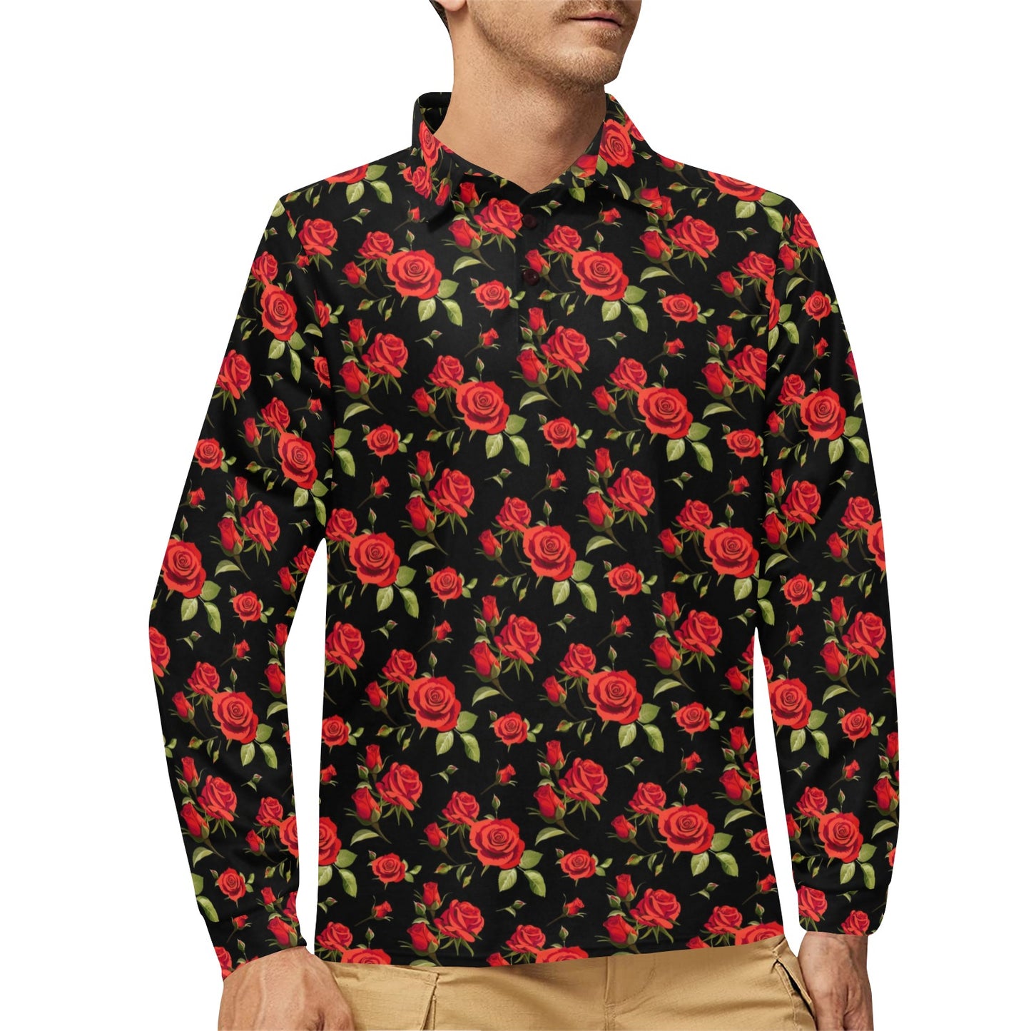 Red Rose Themed Print Long Sleeve Polo Shirt For Men's