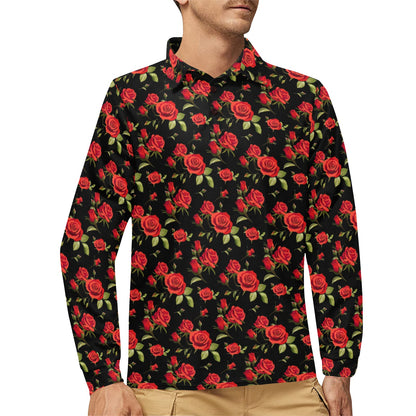 Red Rose Themed Print Long Sleeve Polo Shirt For Men's