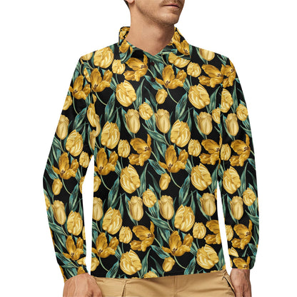 Elegant Yellow Tulip Print Long Sleeve Polo Shirt For Men's