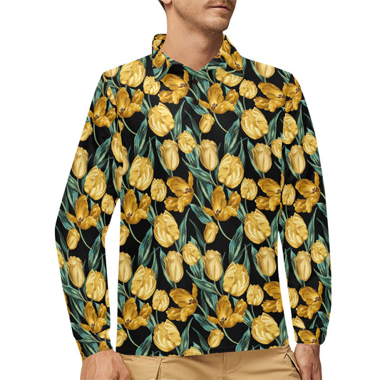 Elegant Yellow Tulip Print Long Sleeve Polo Shirt For Men's