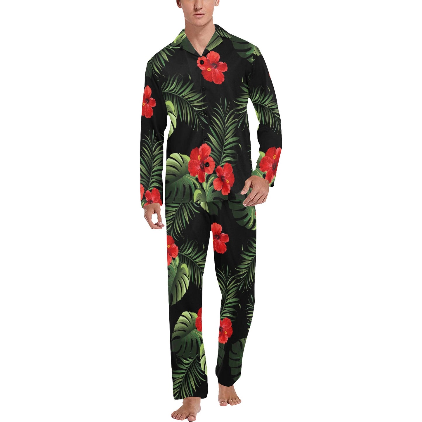 Red Hibiscus Tropical Men's Long Pajama Set