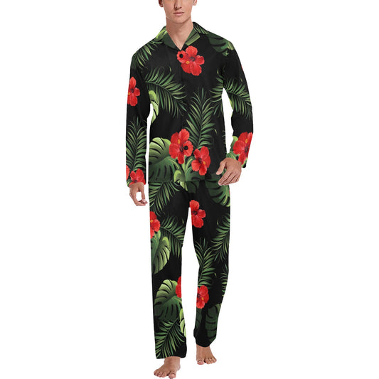 Red Hibiscus Tropical Men's Long Pajama Set