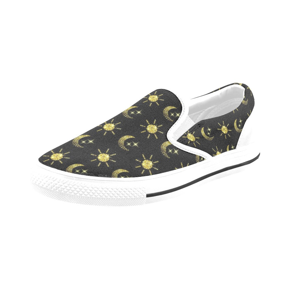 Sun Moon Print Design LKS304 White Slip Ons Canvas Women's Shoes