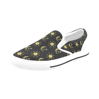 Sun Moon Print Design LKS304 White Slip Ons Canvas Women's Shoes