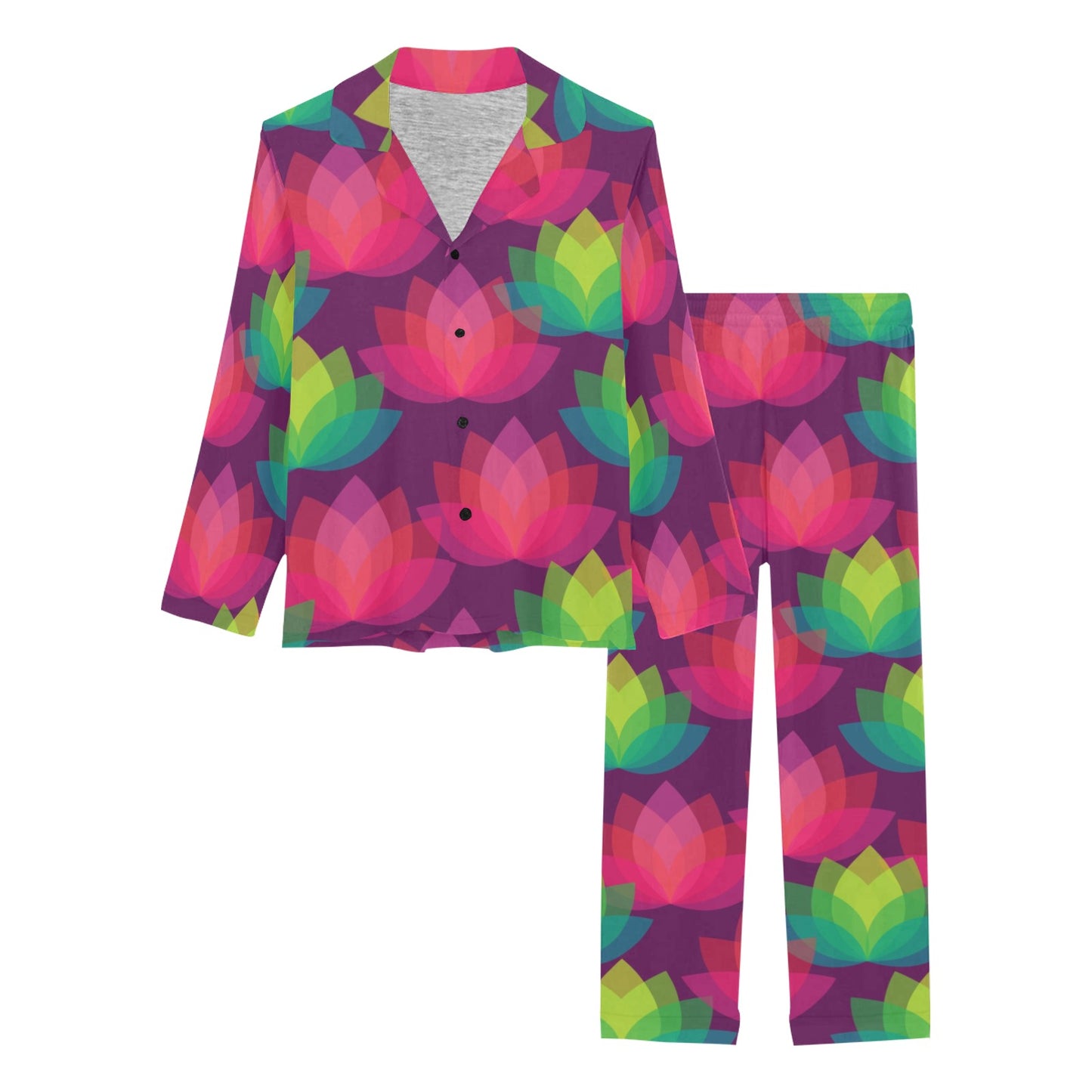 Lotus Pattern Print Design 02 Women's Long Pajama Set