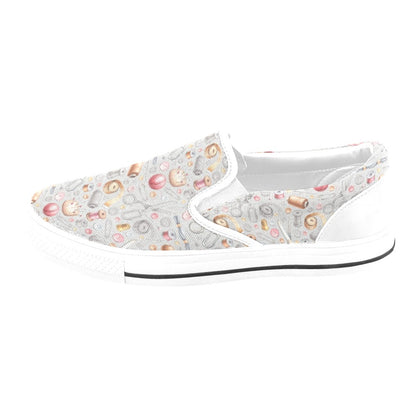Sewing Equipment Print Design LKS302 White Slip Ons Canvas Women's Shoes