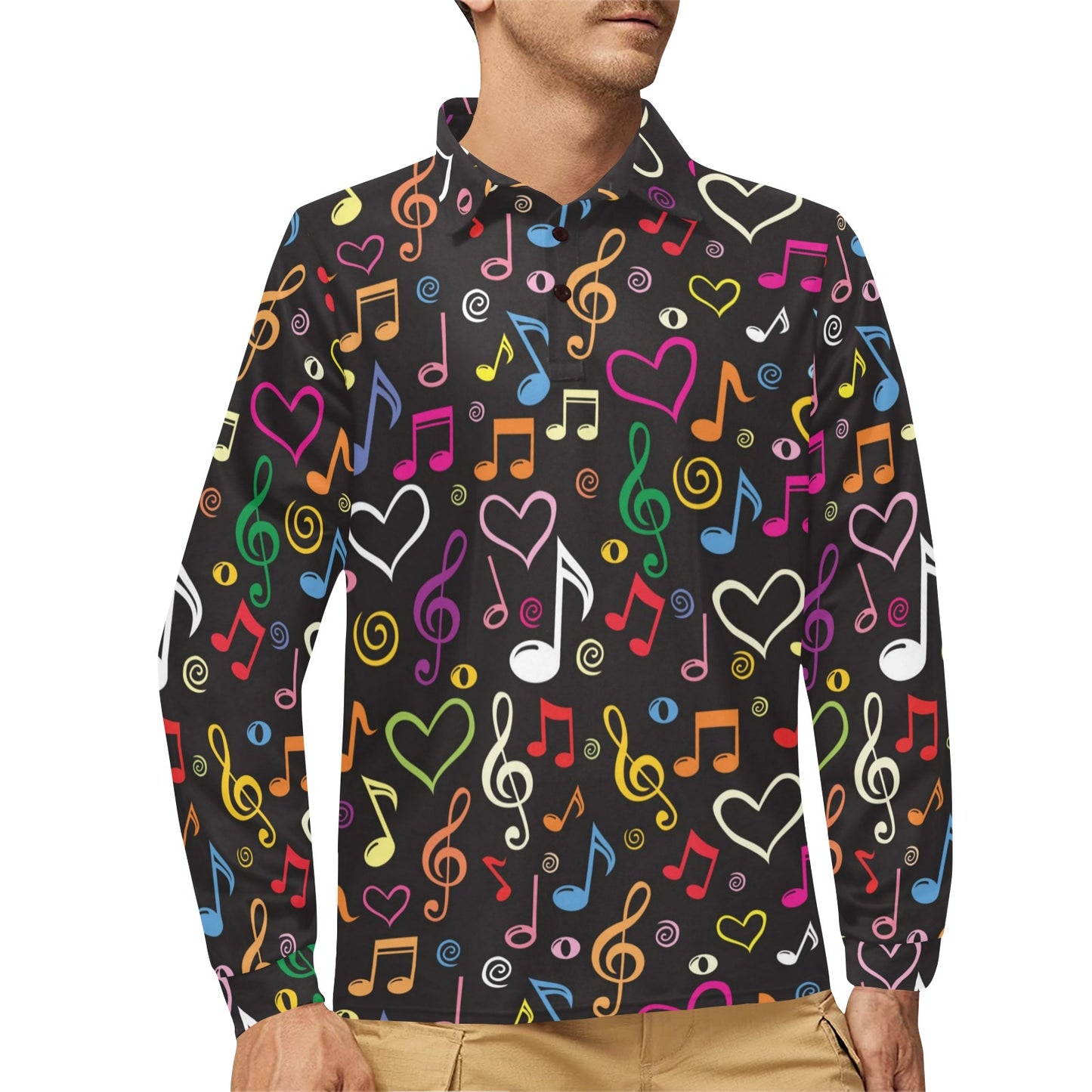 Music note Pattern Print Design A01 Long Sleeve Polo Shirt For Men's