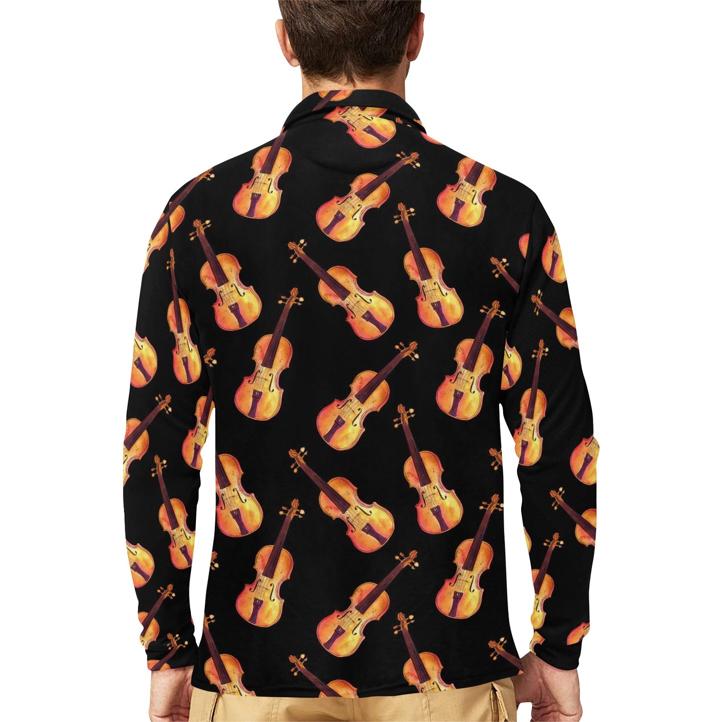 Violin Pattern Print Design 04 Long Sleeve Polo Shirt For Men's