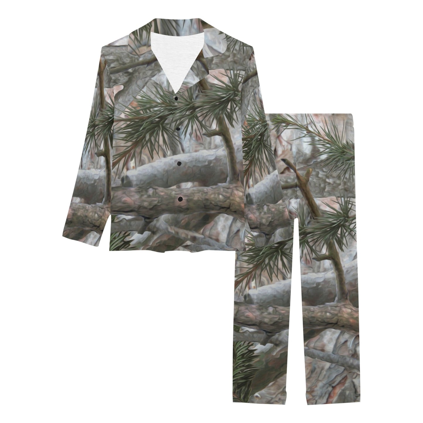 Camo Realistic Tree Forest Pattern Women's Long Pajama Set