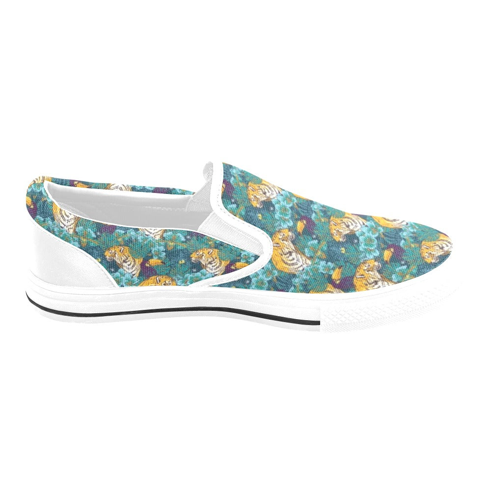 Tiger Tropical Print Design LKS301 White Slip Ons Canvas Women's Shoes