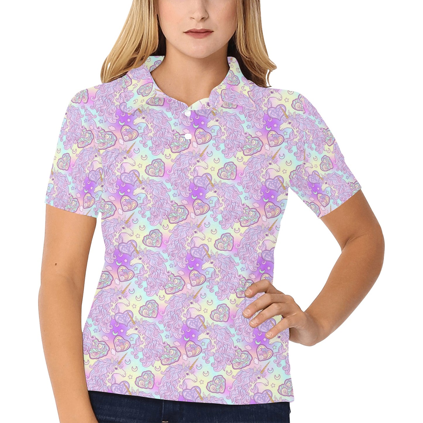 Unicorn Rainbow Star Heart Print Women's Polo Shirt