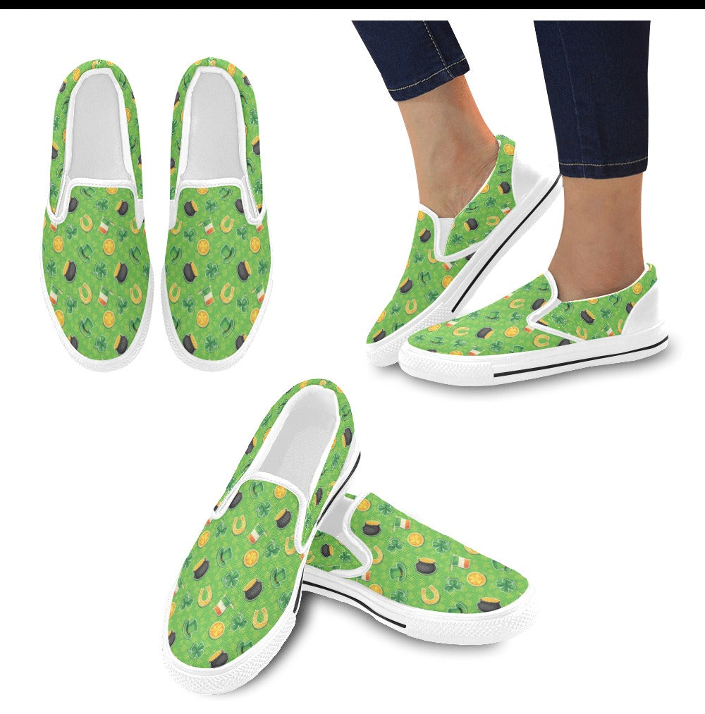 Shamrock Saint Patrick's Day Print Design LKS302 White Slip Ons Canvas Women's Shoes