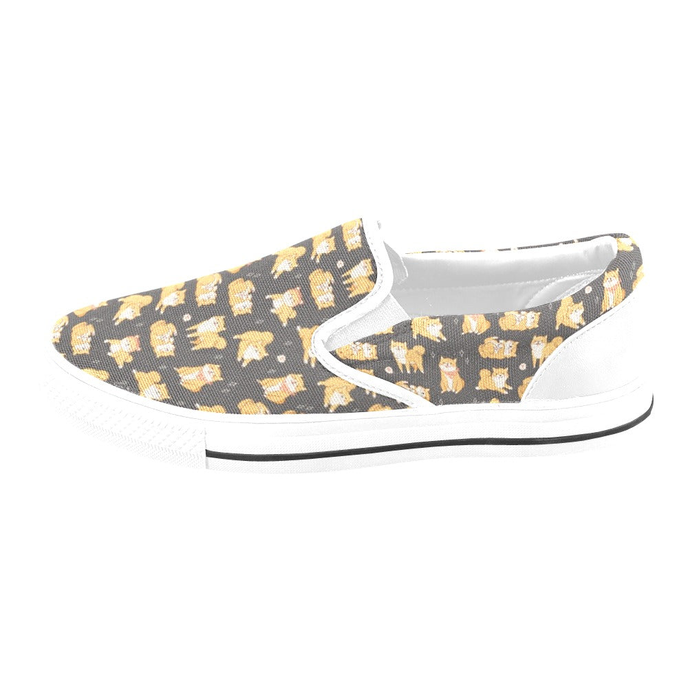 Shiba Inu Print Design LKS309 White Slip Ons Canvas Women's Shoes