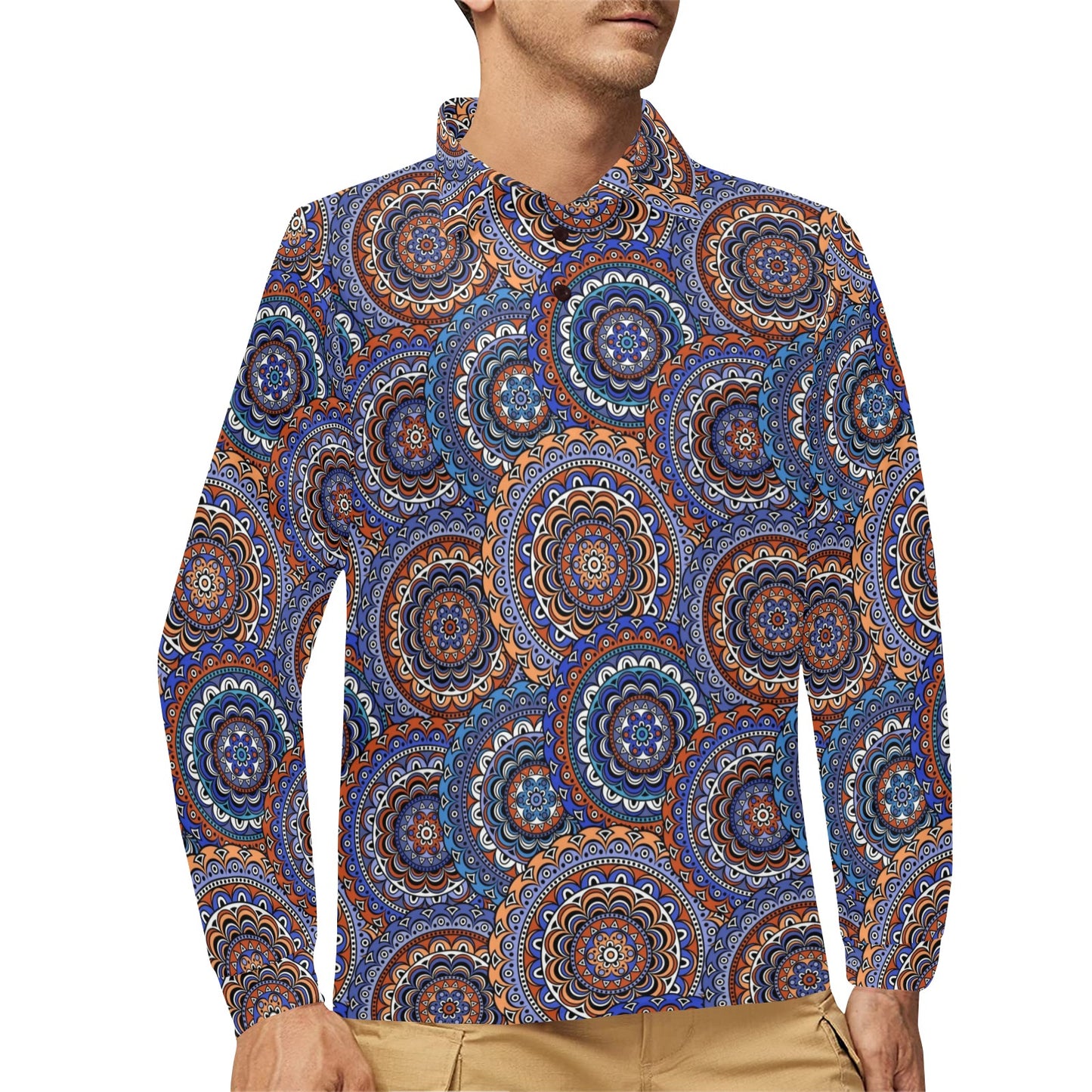Mandala Boho Chic Design Print Long Sleeve Polo Shirt For Men's