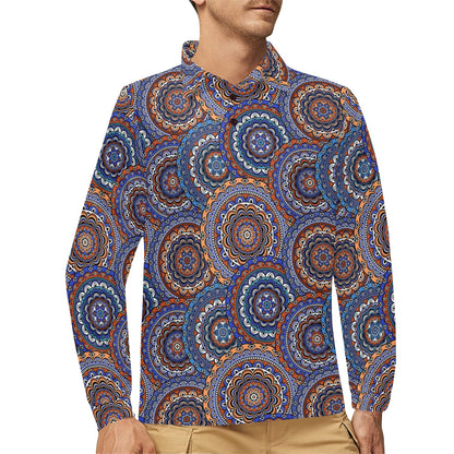 Mandala Boho Chic Design Print Long Sleeve Polo Shirt For Men's