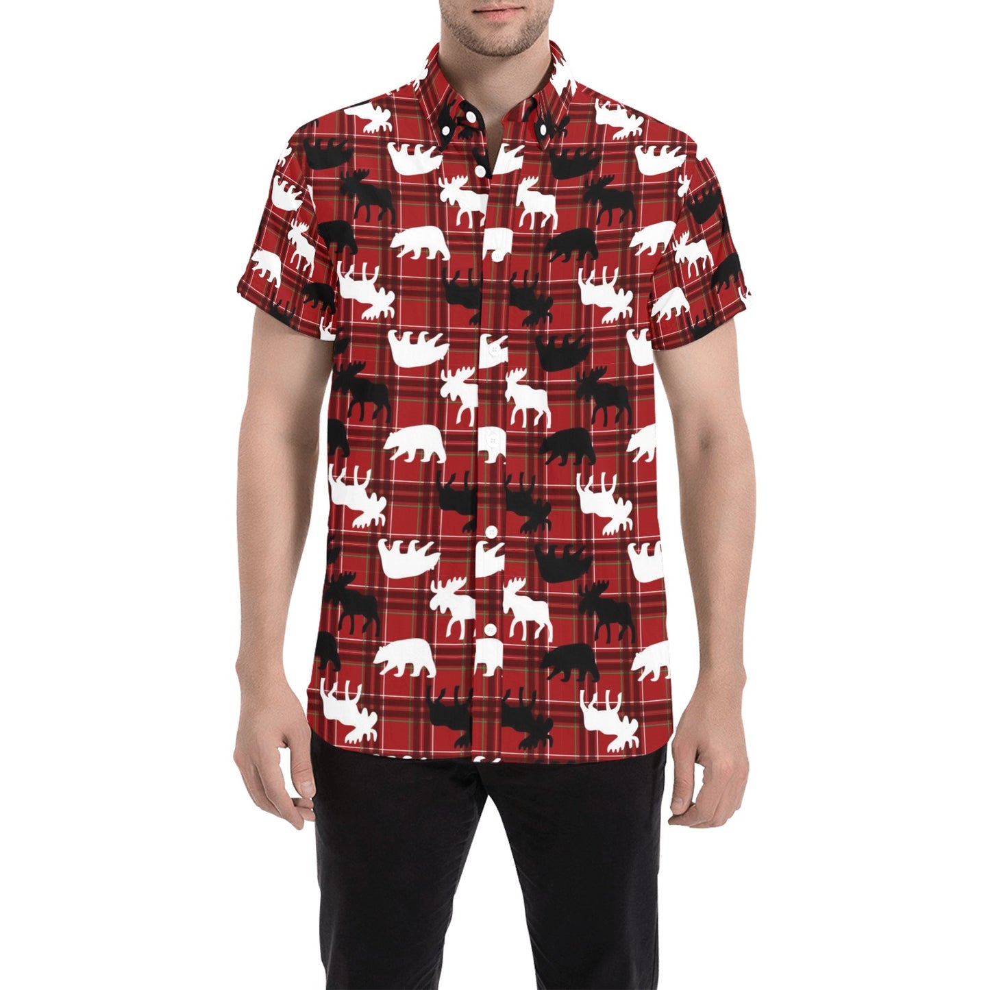 Moose Print Design LKS401 Men Short Sleeve Button Up Shirt
