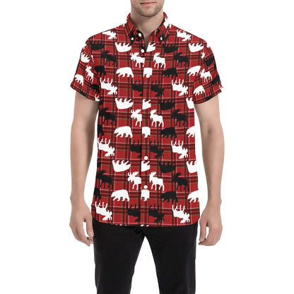 Moose Print Design LKS401 Men Short Sleeve Button Up Shirt