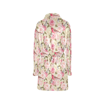 Bird Butterfly Pink Flower Print Pattern Women's Fleece Robe