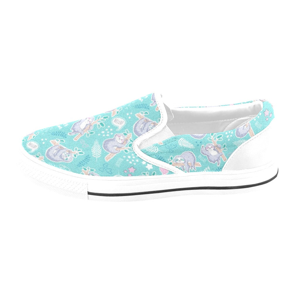 Sloth Print Design LKS309 White Slip Ons Canvas Women's Shoes
