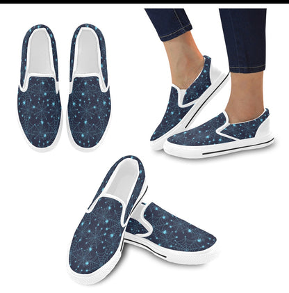 Spider Web Blue Print Design LKS304 White Slip Ons Canvas Women's Shoes