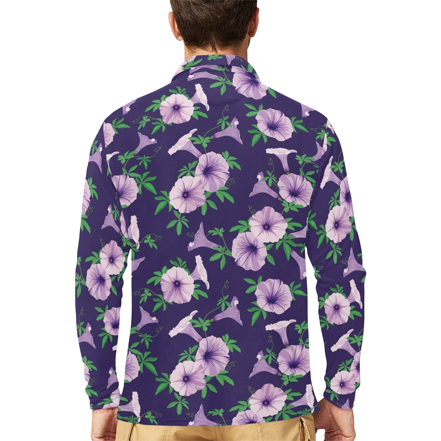 Morning Glory Pattern Print Design MG01 Long Sleeve Polo Shirt For Men's