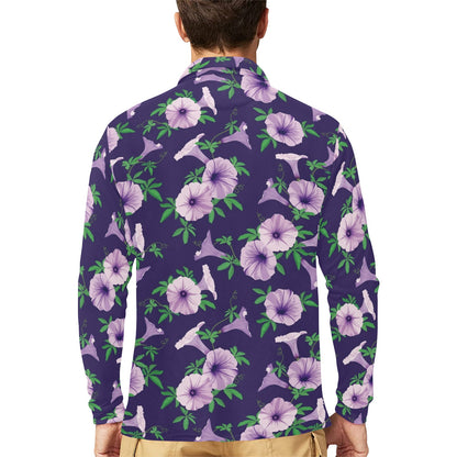 Morning Glory Pattern Print Design MG01 Long Sleeve Polo Shirt For Men's