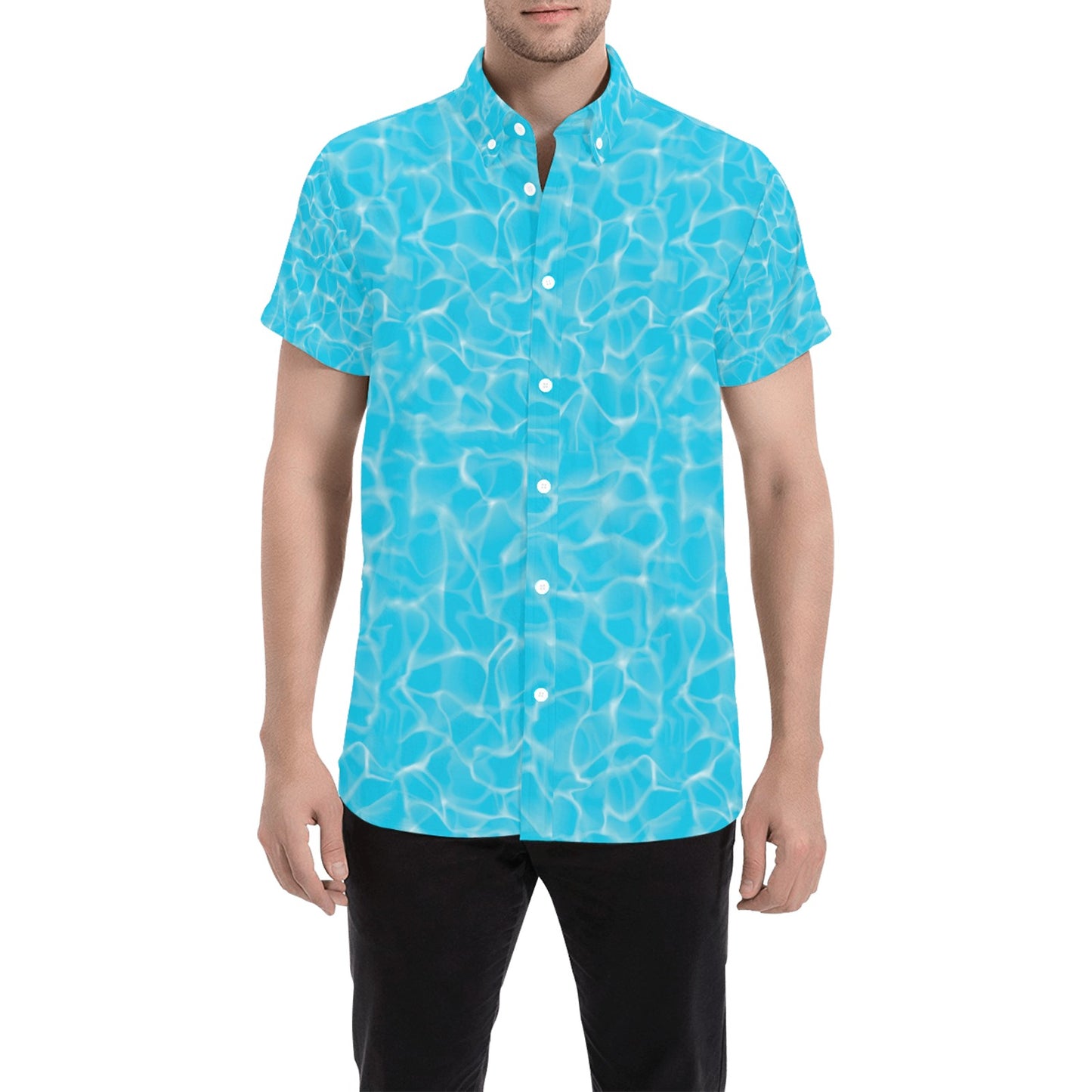 Swimming Pool Texture Print Design LKS301 Men Short Sleeve Button Up Shirt