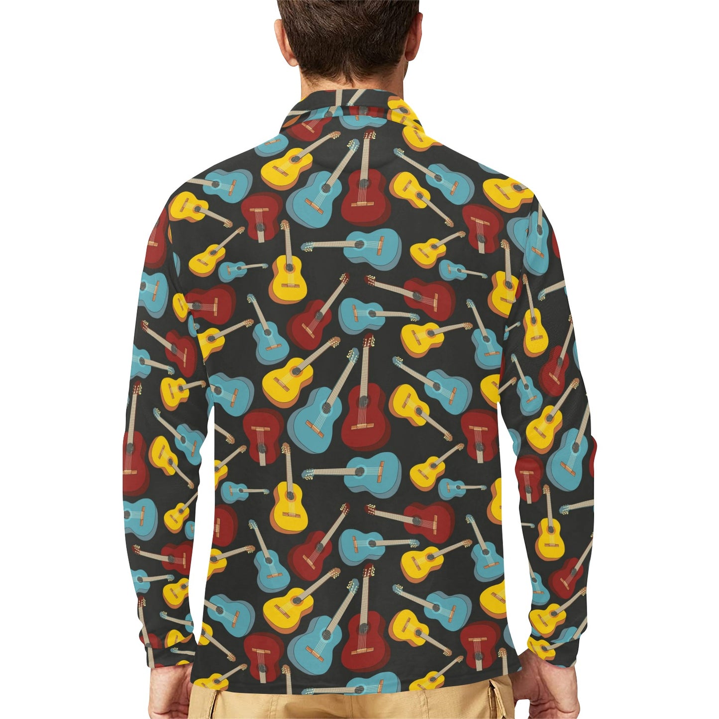 Acoustic Guitar Pattern Print Design 01 Long Sleeve Polo Shirt For Men's