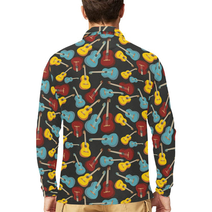 Acoustic Guitar Pattern Print Design 01 Long Sleeve Polo Shirt For Men's