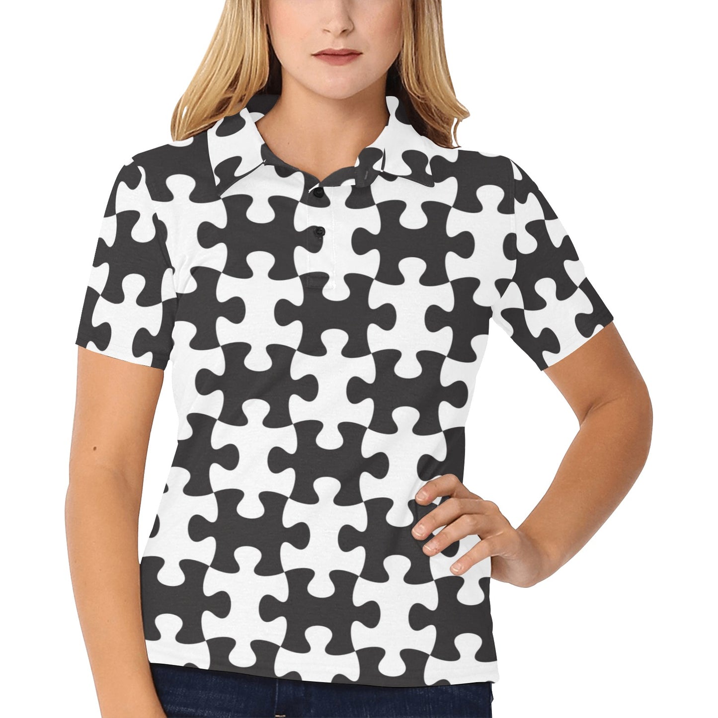 Puzzle Black White Pattern Print Design A02 Women's Polo Shirt