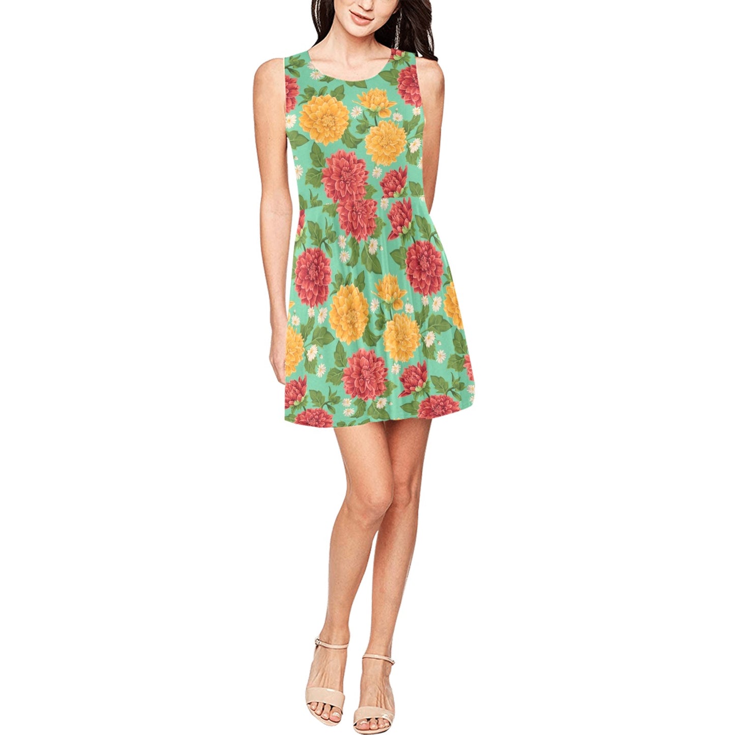 Dahlia Pattern Print Design DH011 Sleeveless Dress
