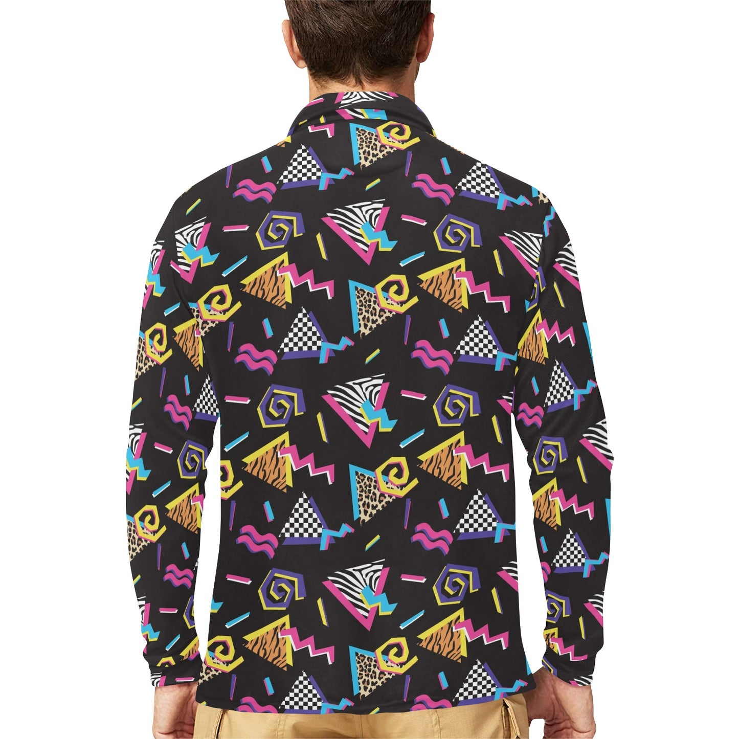 80s Pattern Print Design 3 Long Sleeve Polo Shirt For Men's